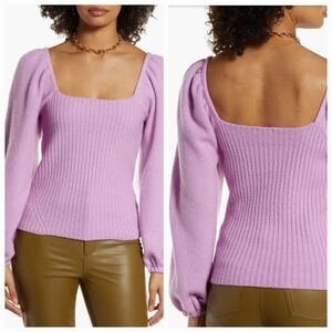 Halogen Lilac Purple Ribbed Knit Sweater Square Neck Puff Sleeve Wool Blend Sz S